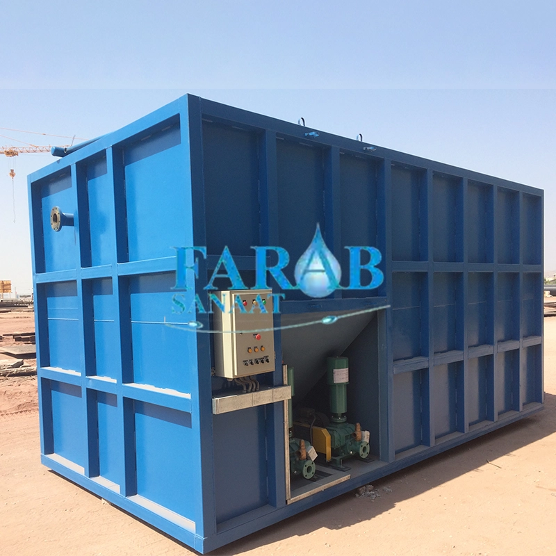 نمونه تولید و نصب پکیج تصفیه فاضلاب بهداشتی 30 متر مکعبی فراساحل قشم در شرکت فرآب صنعت زلال